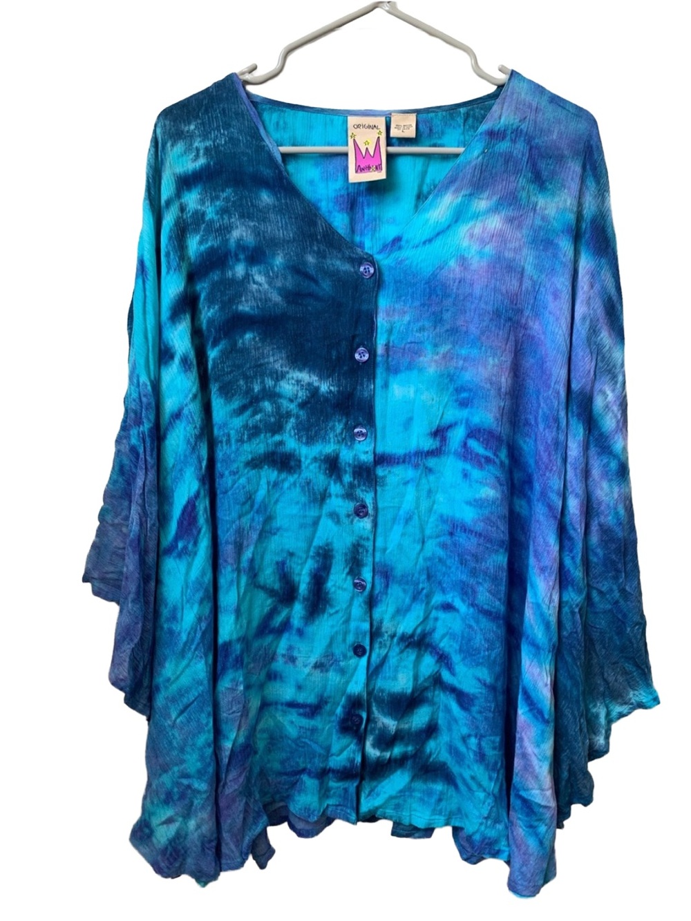 ORIGINAL ANTHONY NY Blue Print Lightweight Rayon Batwing  Buttondown Shirt Cape